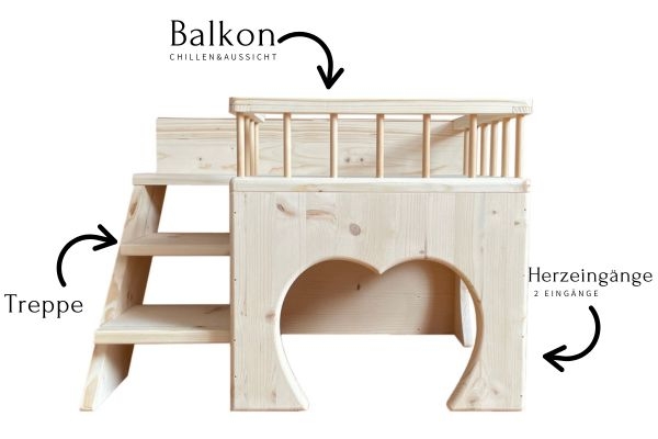 Kaninchenhaus / Balkonhaus mit Terrasse für Kaninchen mit Herzchen von Bunny Love